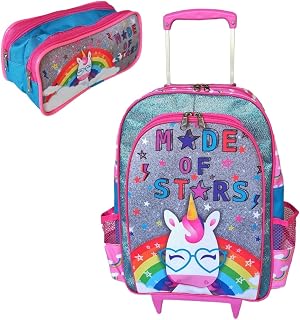 MOCHILA DE RODINHAS INFANTIL ESCOLAR MENINAS UNICORNIO COM ESTOJO PENAL BOLSINHA DE LAPIS ROSA BRILHO