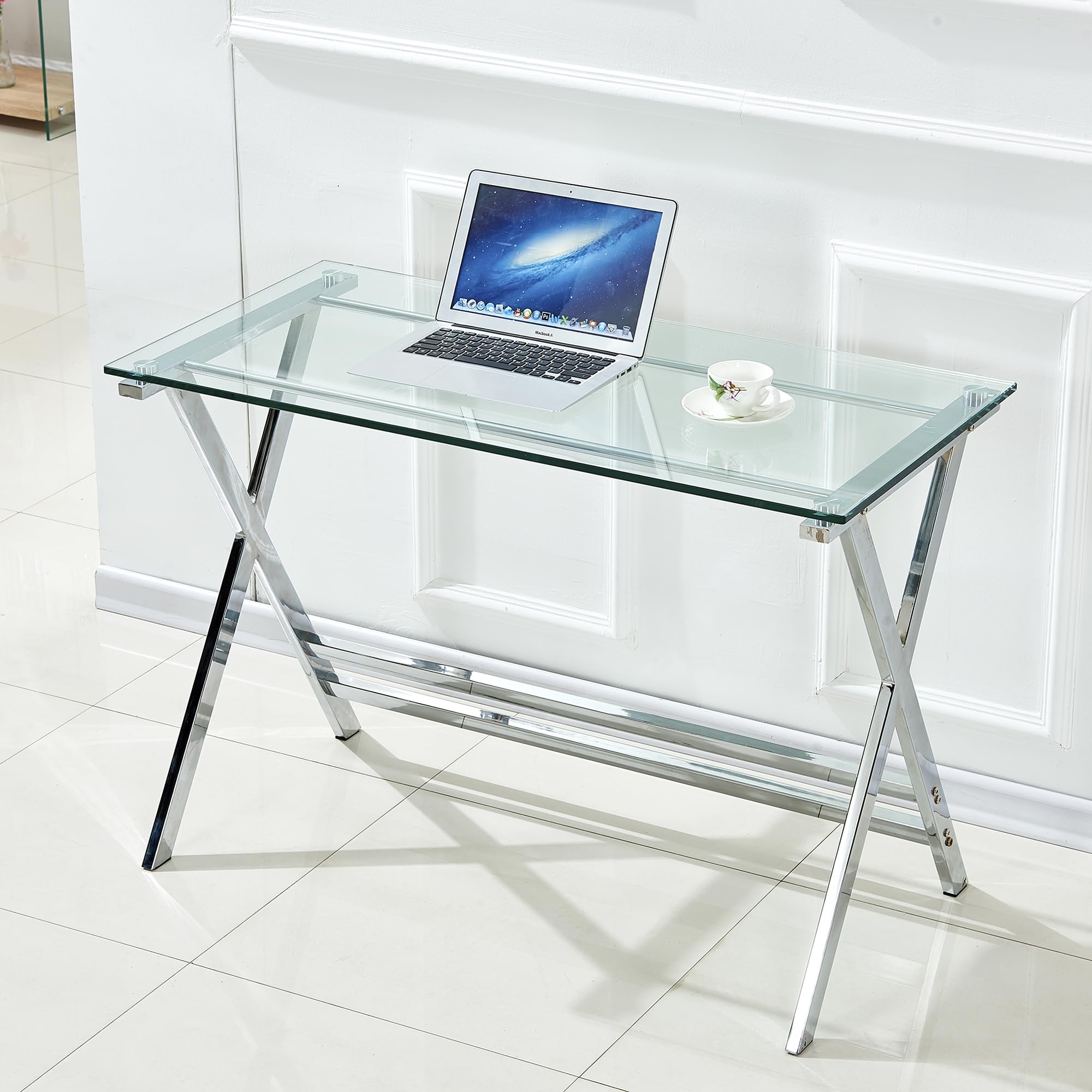 HAINEW HD26040115 - Escritorio de cristal para ordenador con mesa de cristal y patas metálicas plateadas en forma de X, mesa de oficina, mesa auxiliar para casa, oficina, salón, 110 x 55 x 76 cm