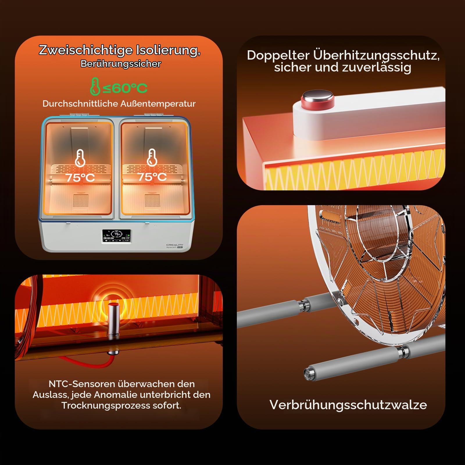 Creality Filament Trockner für 4 Spulen, SpacePi X4L, zwei unabhängige Heizkammern, Temperatur bis 75 °C, LCD Touchscreen, Filament Trockenbox für PLA PETG ABS TPU PA