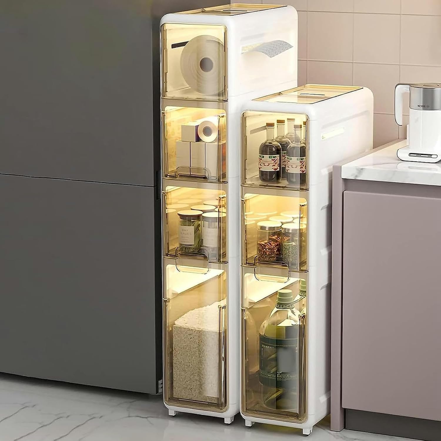 Stackable Storage Drawers On Wheels Tall Narrow Bathroom Corner Cabinet With Clear Large Capacity Cosmetic Organizer(3 Tier)