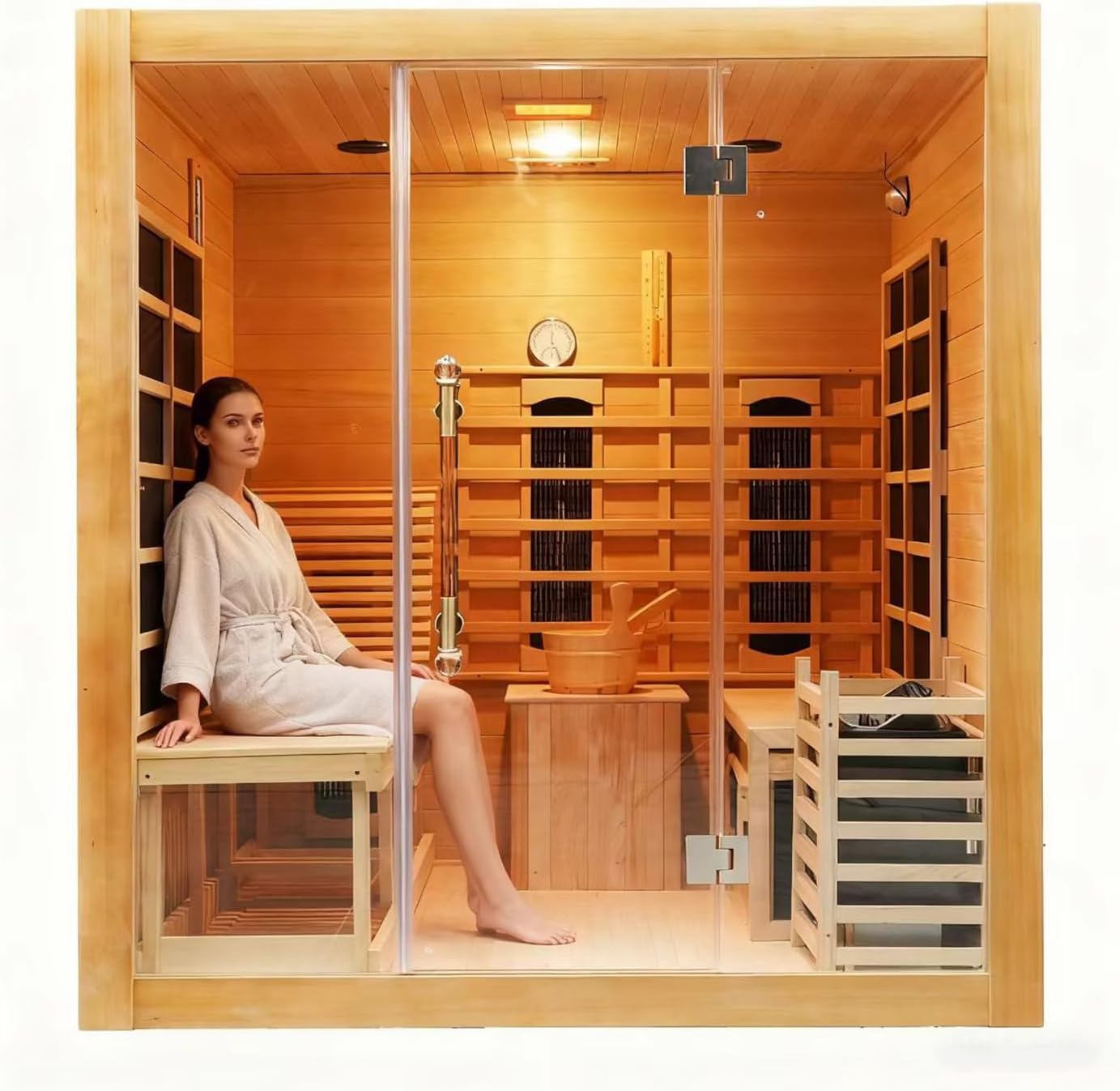Dual System Sauna Room with Recliner, Luxurious Far Infrared Steam Indoor Saunas, 2-3 Person Red Cedar Home Hybrid Sauna, 220V/ 6KW Harvia Electric Heater, Bluetooth Speaker Dual System Sauna Room with Recliner, Luxurious Far Infrared Steam Indoor Saunas, 2-3 Person Red Cedar Home Hybrid Sauna, 220V/ 6KW Harvia Electric Heater, Bluetooth Speaker