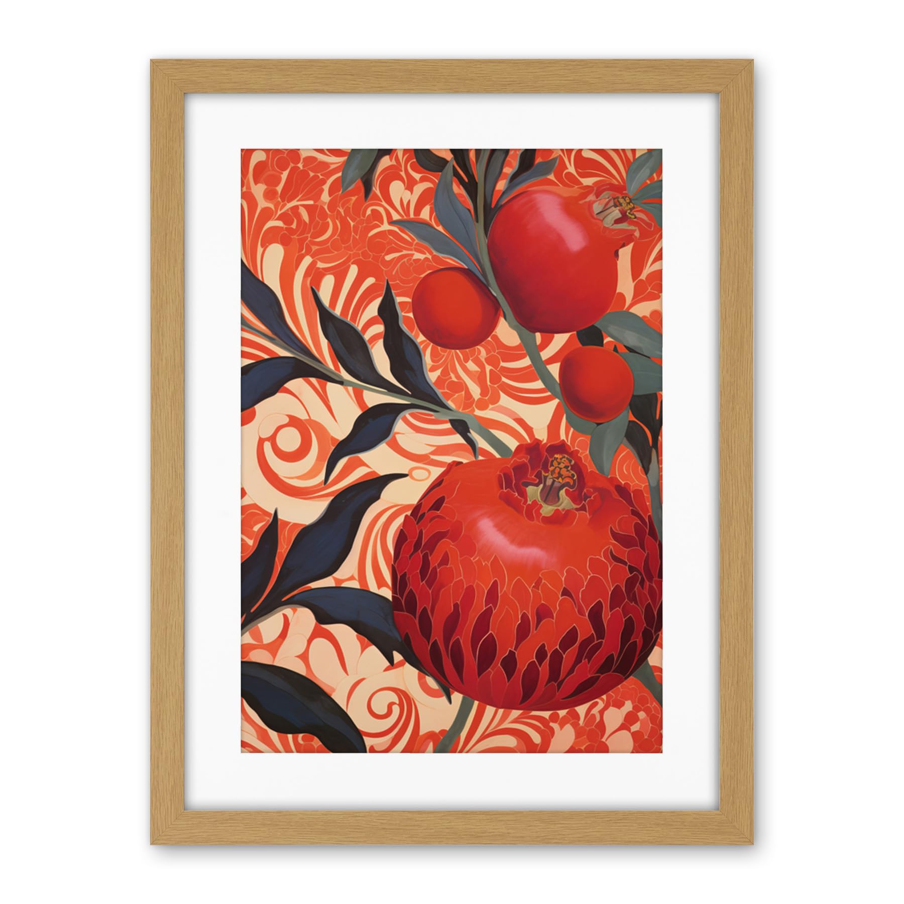 Artery8 Pomegranate Tree Grove Red and Blue Artwork Floral Patterns Artwork Framed Wall Art Print 18X24 Inch