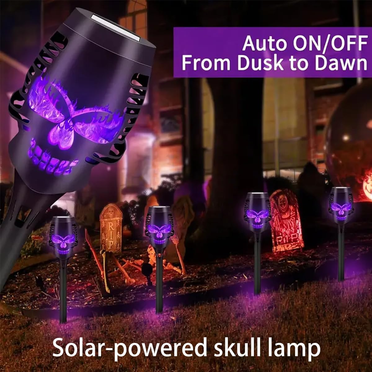 16 Pcs Halloween Solar Flame Lamps, LED Solar Flame Lamps, Dancing and Flickering Flame Torch Lamps, Outdoor Courtyard Waterproof Skull Decoration Lamps (Purple)