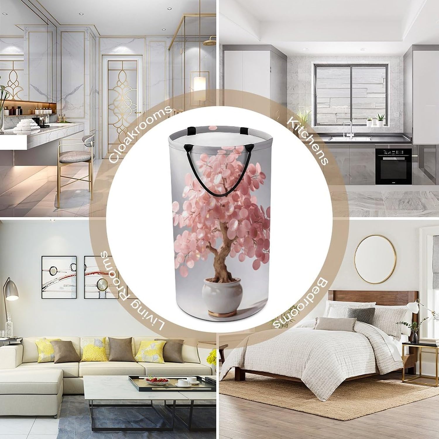 Pink Fortune Tree Laundry Hamper with Handles Waterproof Collapsible Laundry Basket Large Lightweight Round Dirty Clothes Hamper for Home Dorm Bathroom Decor