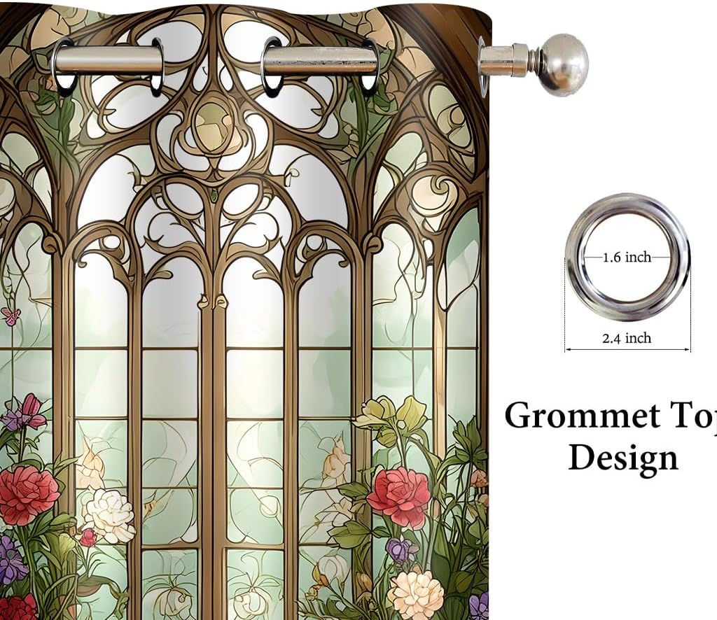 Floral Retro Blackout Curtains 84 inches Long 2 Panels Stained Glass Vintage Colorful Floral Flower Print Curtain Garden Nature Botanical Green Plant Window Drape for Living Room Bedroom 52x84in