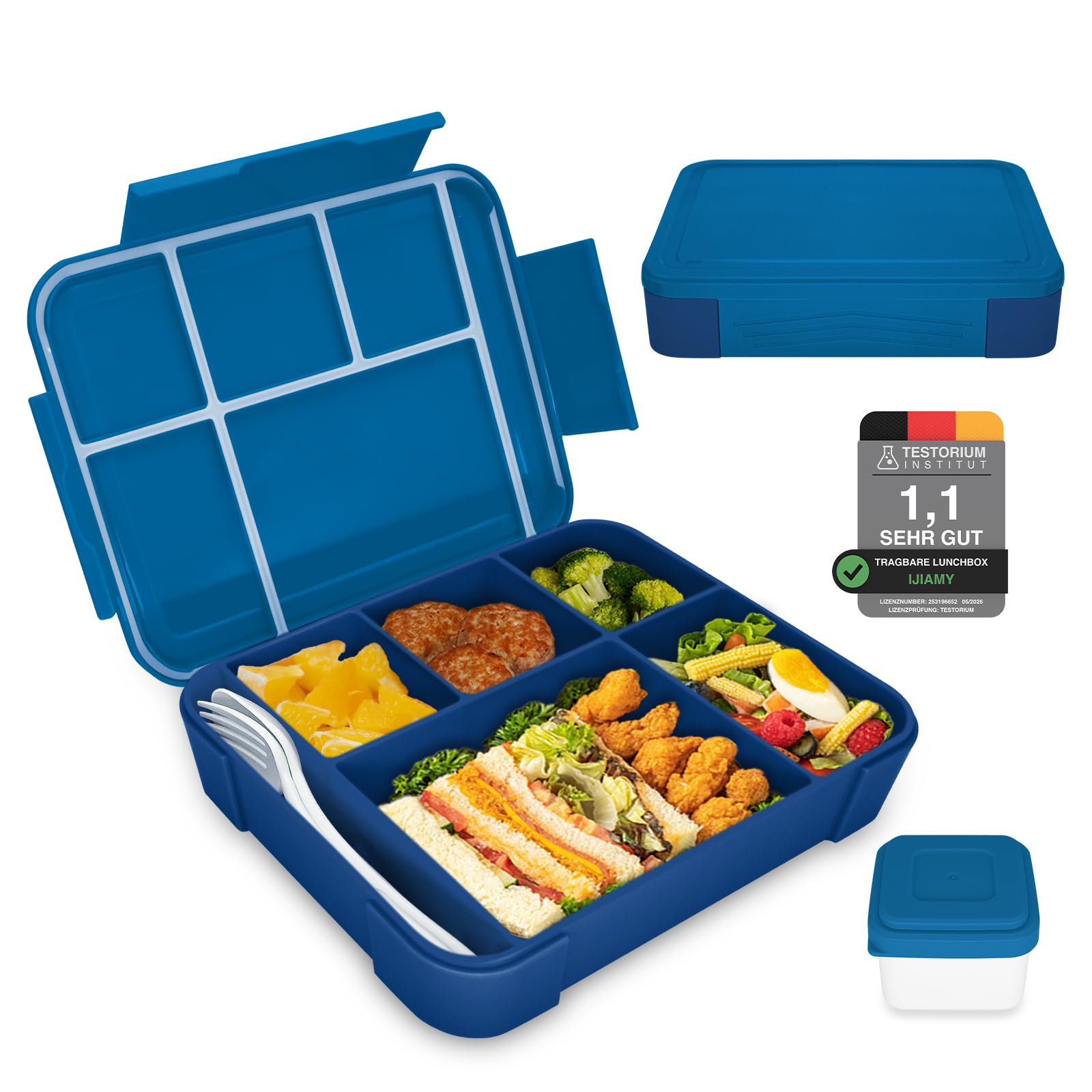 IJIAMY Bento Lunch Box Kids, Bento Box Lunch Box Adults with 5 Compartments and 1 Salad Dressing Containers, Snack Box for Kids and Adults Work School (Blau)