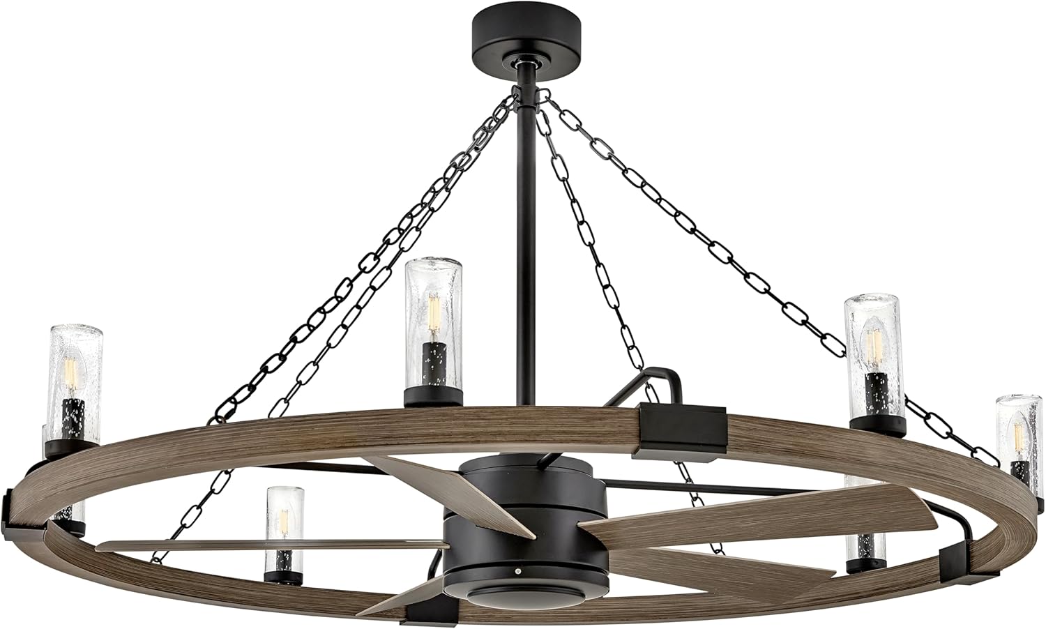 Hinkley Sawyer 52" LED Smart Ceiling Fan with Light and Remote, Rustic Wagon Wheel Chandelier Fandelier, Composite Material, Wet Rated Indoor Outdoor, Seedy Glass Shades, Matte Black and Driftwood