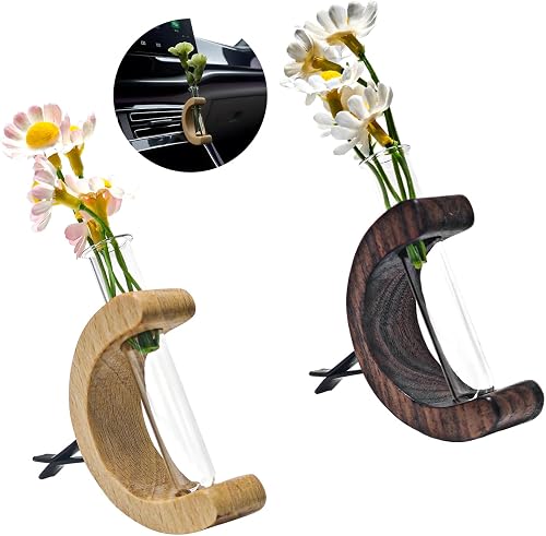2PCS Car Vase Vent Clips, Wooden Stand Plant Holder Auto Flower Vase Vent Clip, Little Glass Tube Retro C Shaped Air Vent Clip Plants Decoration, Interior Car Accessories