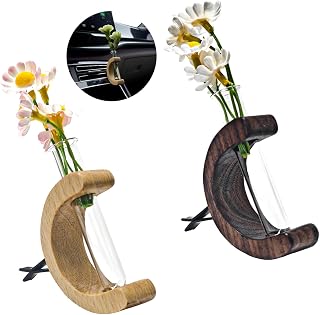 2PCS Car Vase Vent Clips, Wooden Stand Plant Holder Auto Flower Vase Vent Clip, Little Glass Tube Retro C Shaped Air Vent Clip Plants Decoration, Interior Car Accessories