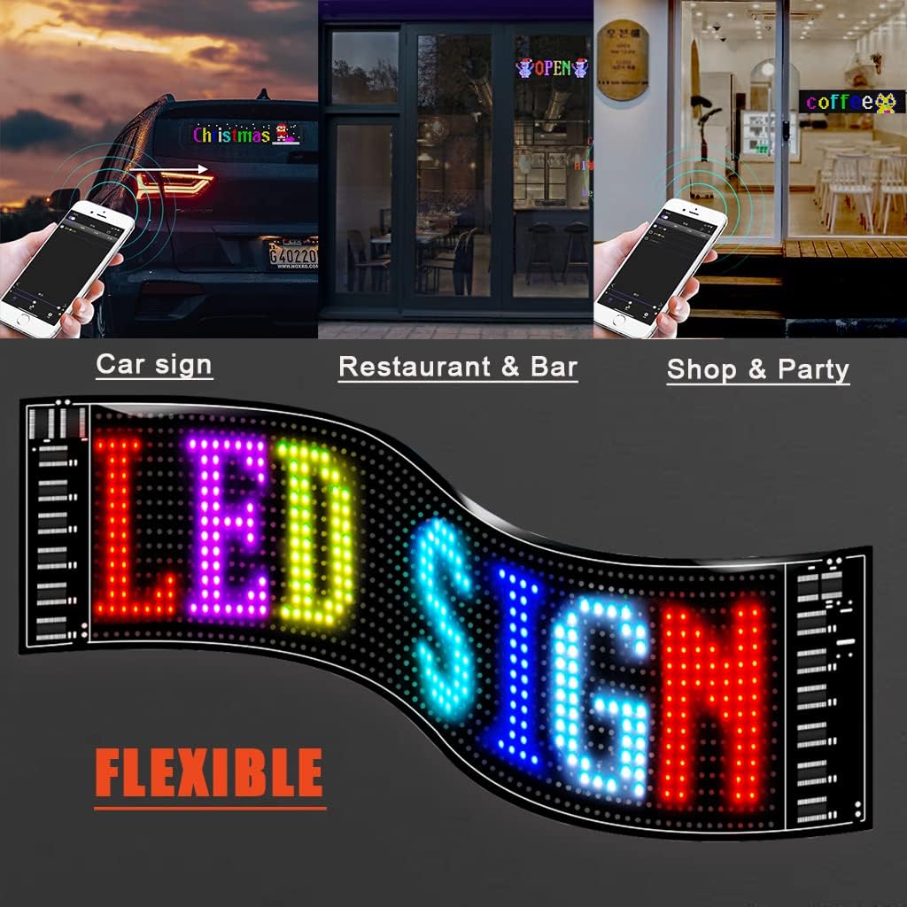 LED Matrix Panel Bluetooth APP Control USB 5V Flexible LED Screen Scrolling Text Pattern Animation Sign for Car Windows, Shop, Bar and Entrance