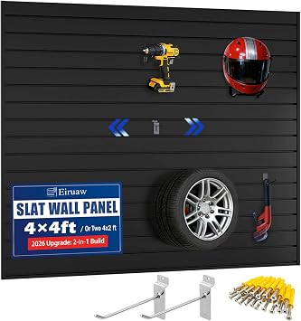 PVC Slatwall Garage Panels 4x4 ft 4x 4x1 ft, Waterproof Heavy Duty | slat wall paneling, 2 hooks, easy DIY, 4 interlocking panels 16 sq ft, garage wall organizer, 2 sets for 4x8 ft coverage