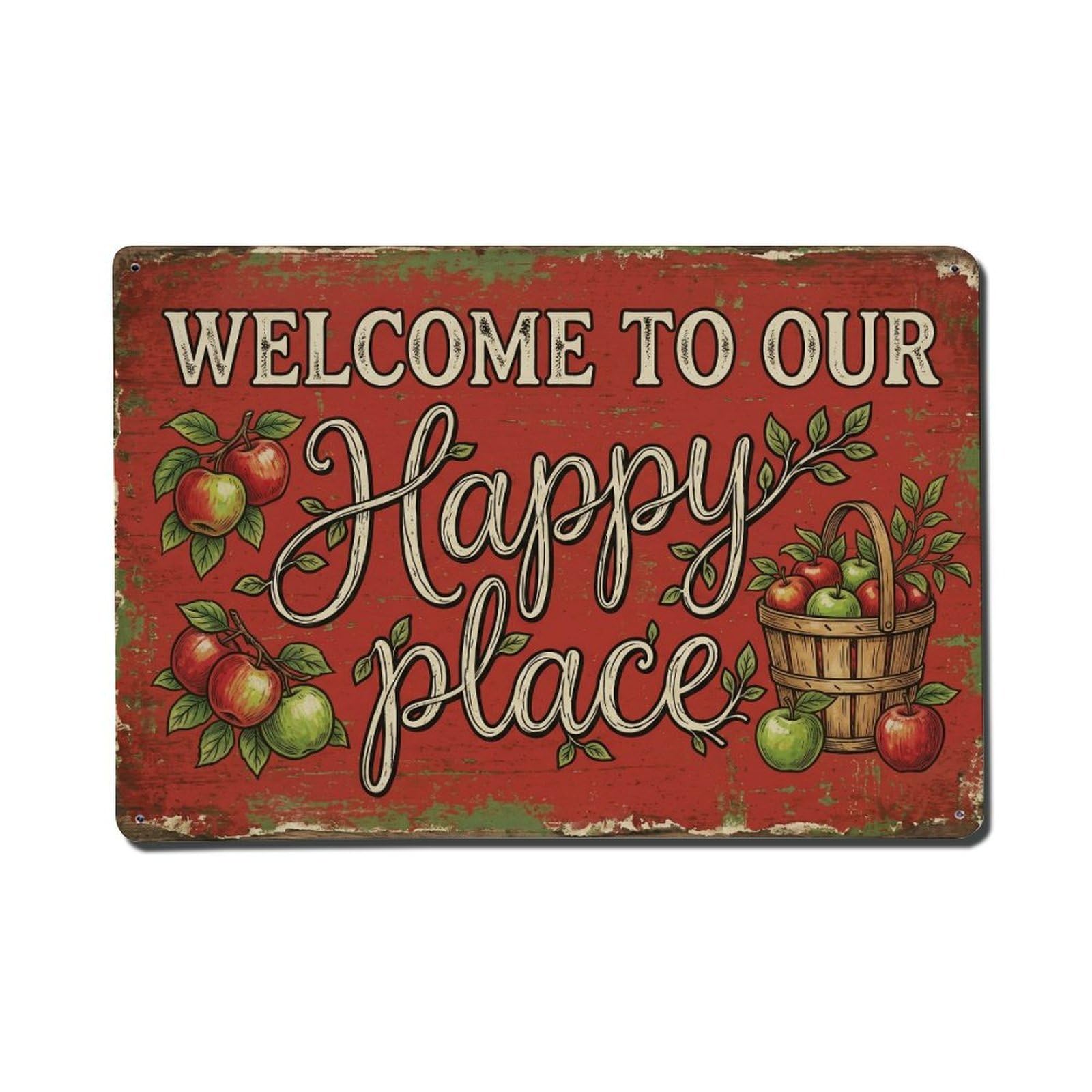 Welcome To Our Happy Place Orchard Entrance Vintage Metal Tin Sign Plaque Wall Decor for Cafe, Club, Garden Metal Poster 8x12Inch