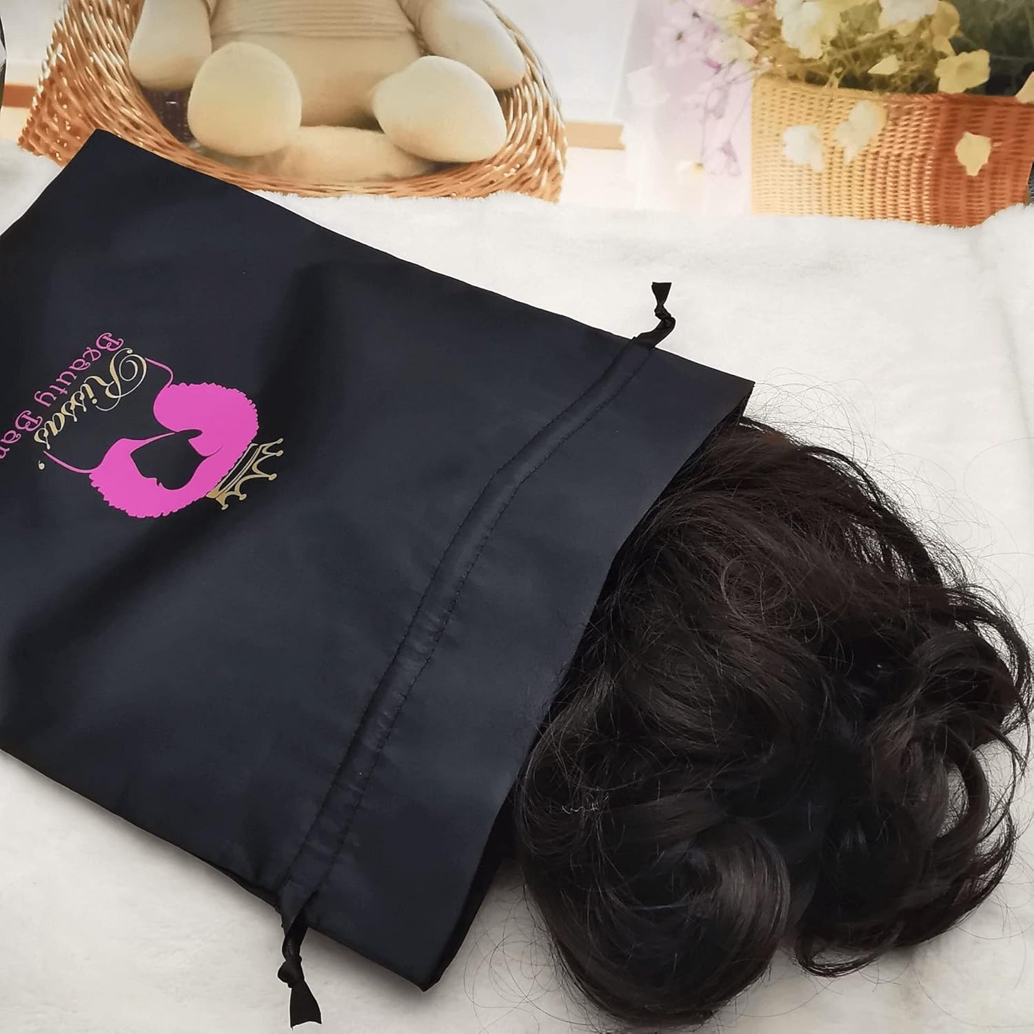Custom Personalized Satin Hair Bag, Customize Your Own Logo Image Design Silk Gift Drawstring Bags for Wedding Party Christmas (20 Pcs/Lot, White)