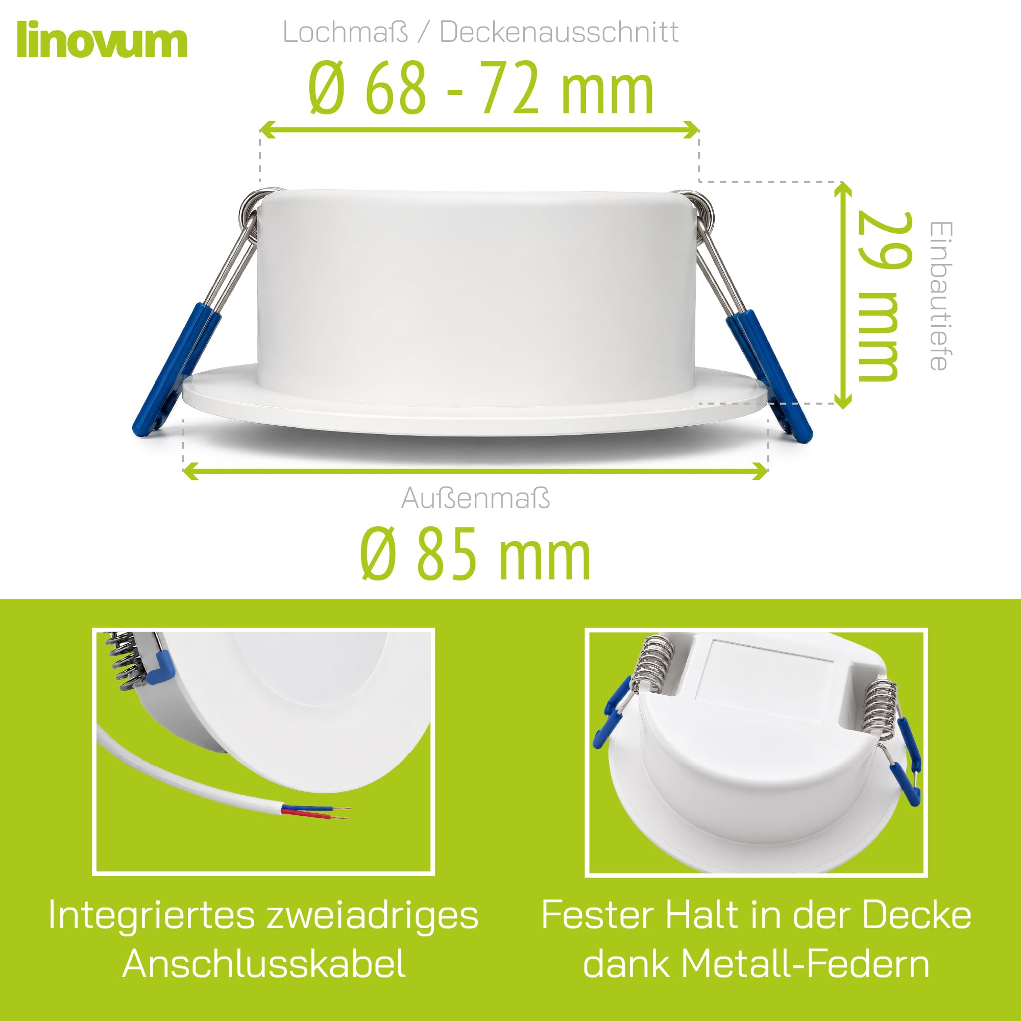 linovum WEEVO Einbauspot 10er Set silber rund IP44 5W neutralweiß 29mm | Zehn extra flache Einbauspots IP44 - neutralweiß, satinierte Front, nur 29mm tief, für Bad, Küche & Flur, direkt an 230V