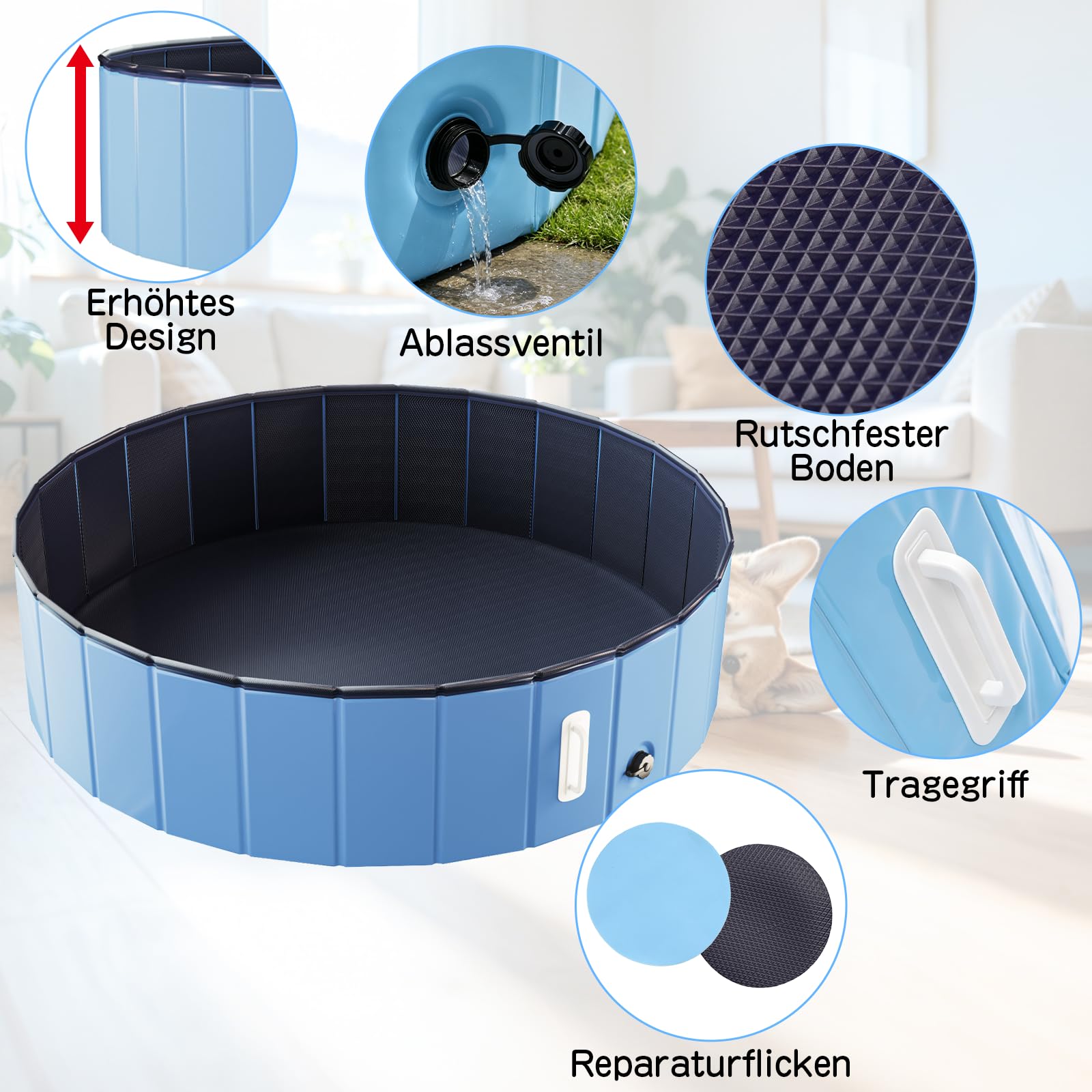DEWEL Hundepool Faltbar Ø120 x 30 cm für mittelgroße Hunde | 5 mm verstärkte MDF-Struktur, Ideal zur Abkühlung, Zum Spielen im Wasser, Für Garten & Bad