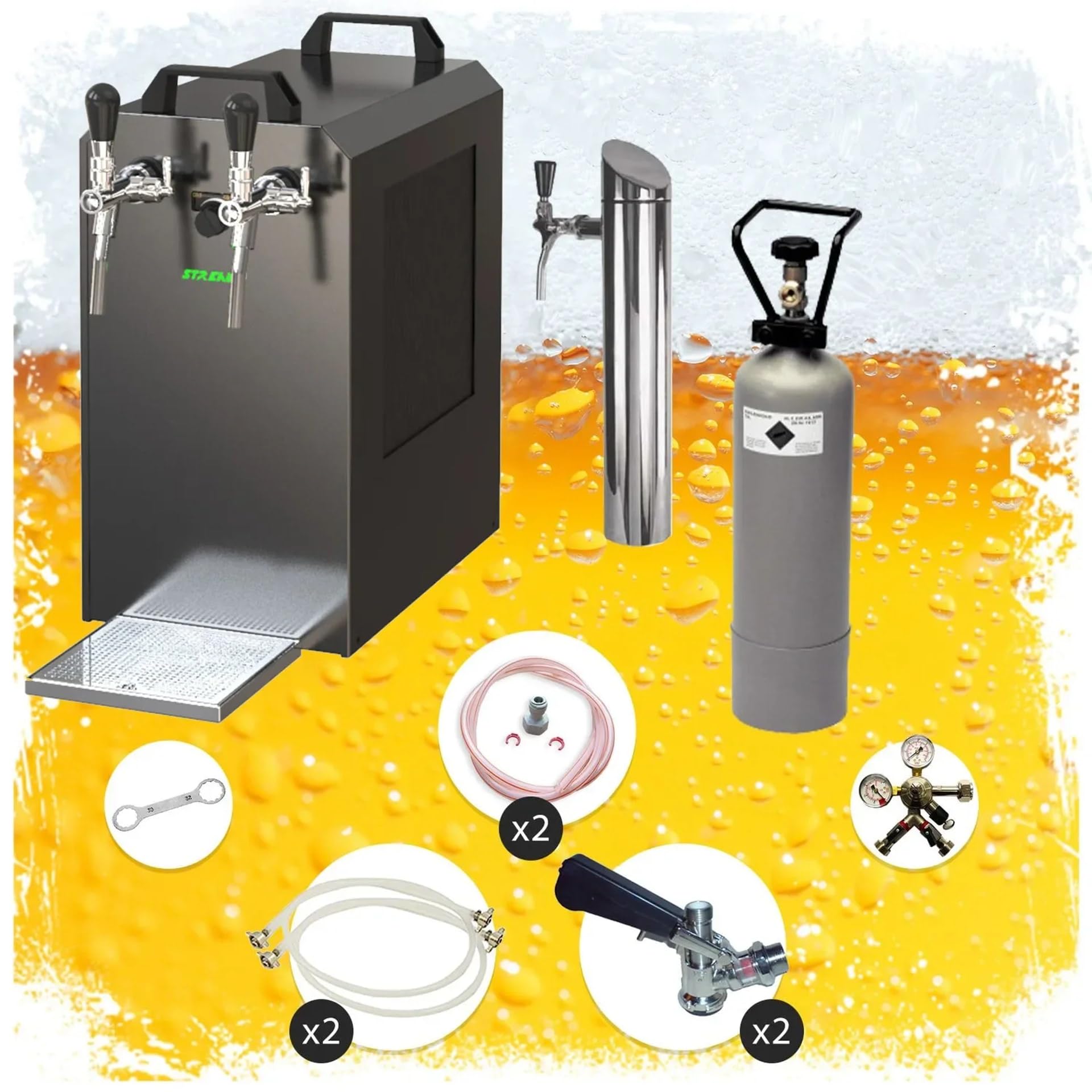 Kit Completo Bajo Encimera Stream 80 - Sistema Dispensación Cerveza 2 Líneas Enfriador Flujo Continuo Seco Sin Cabezas de Grifo