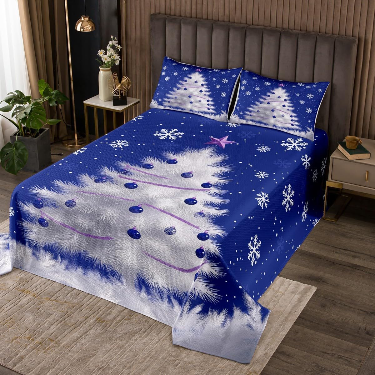 jejeloiu Kids Merry Christmas Coverlet Set Queen Size Christmas Tree Bedspread for Boys Girls Teens Room Decor Snowflake Xmas Coloured Ball Blue Botanic Quilted Coverlet