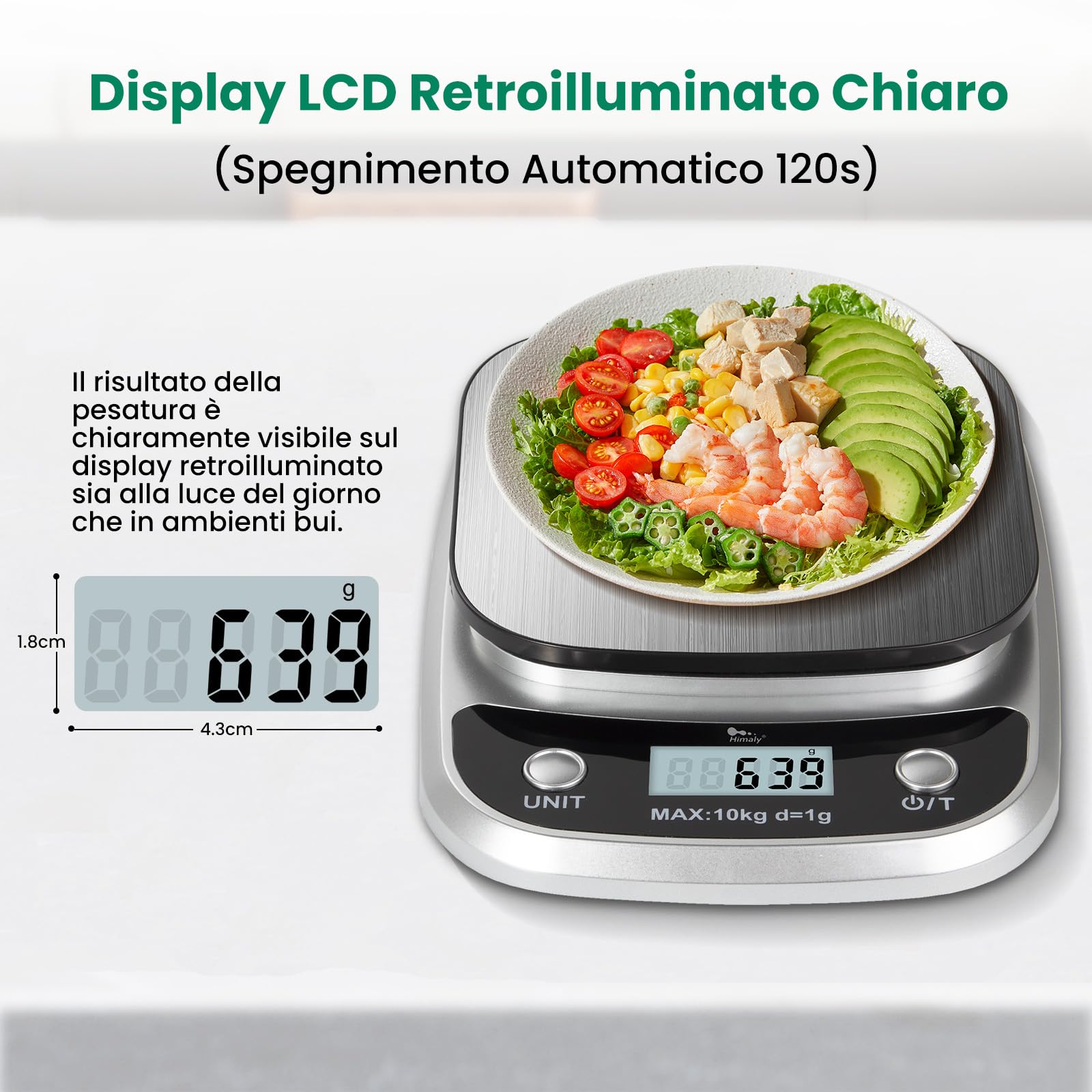 Himaly Bilancia da Cucina Digitale, 10Kg/1g Bilancia Elettronica Alta Precisione Misurazione Display LCD Multifunzione Bilancia da Cucina Professionale, Acciaio Inossidabile + ABS, Grigio Argento
