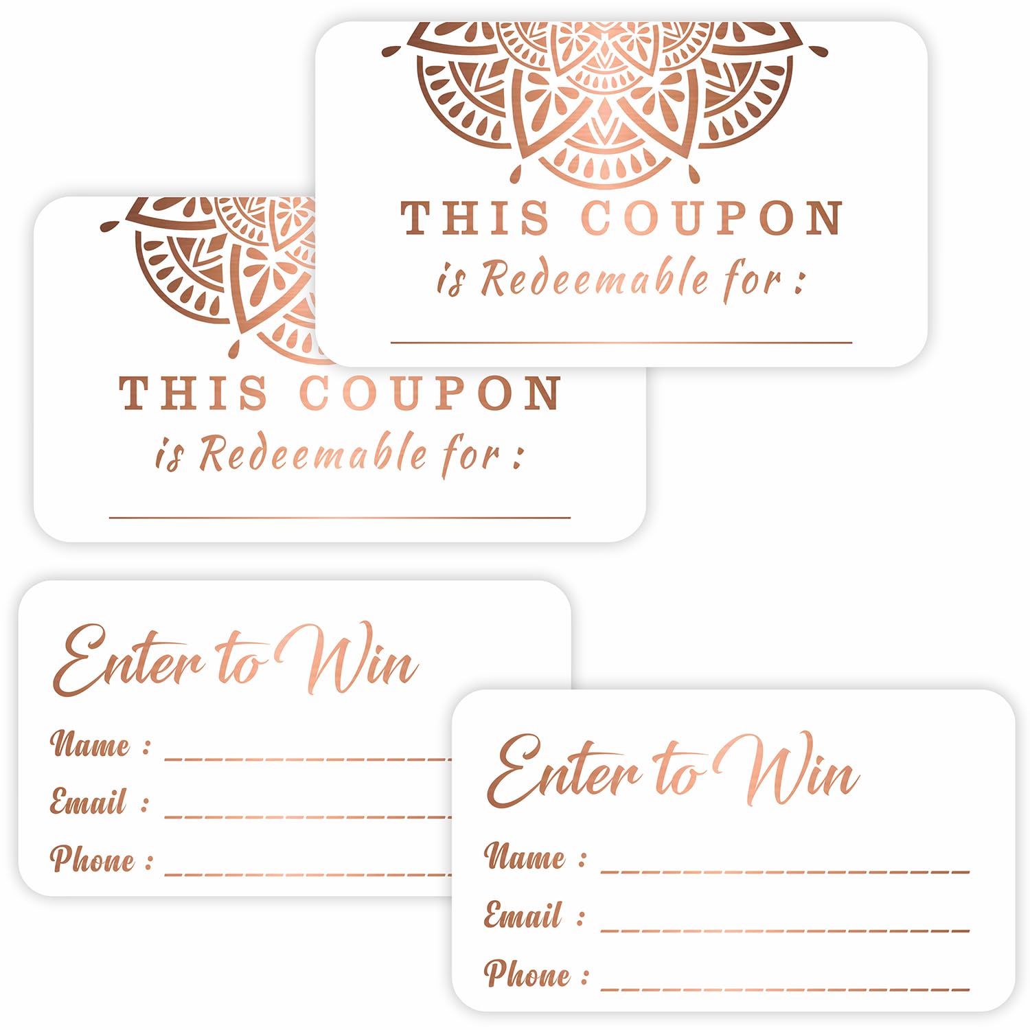PARTH IMPEX Enter to Win Cards and Blank Coupon Cards - Rose Gold Foil Letterpress 3.5"x2" Blank Gift Certificates Redeem Vouchers for Small Business Package Insert