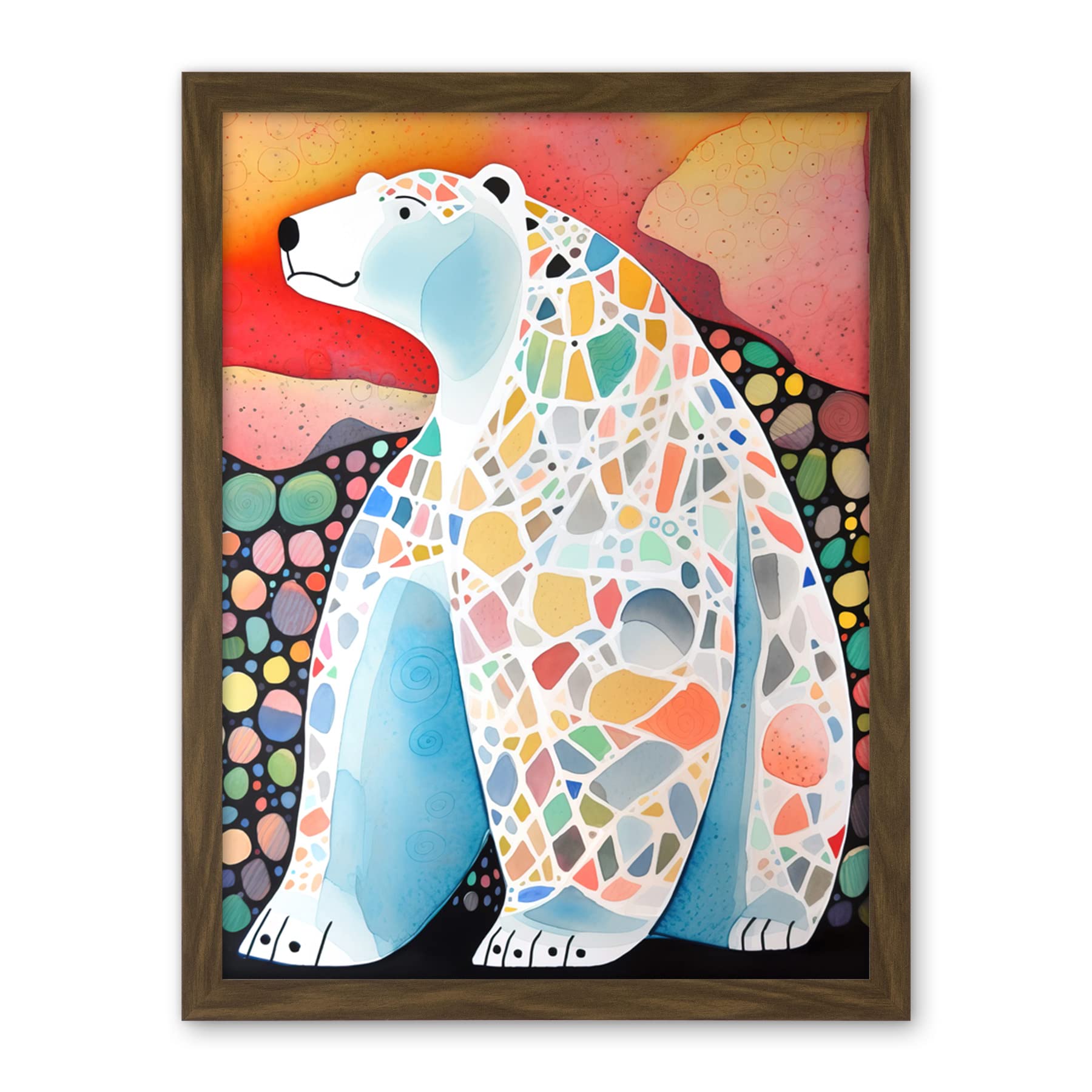 Artery8 Polar Bear With Mosaic Pattern Folk Art Artwork Framed Wall Art Print 18X24 Inch