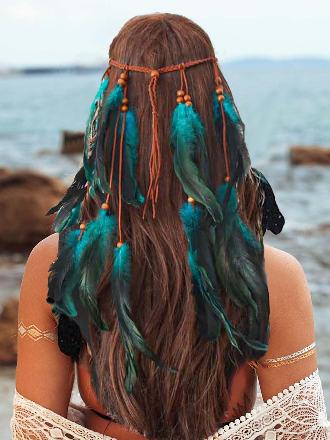 GORTIN Boho Feather Headband Hippie Headpiece Gypsy Indian Costume Headdress Hair Accessory for Women (A-Blue, One size)