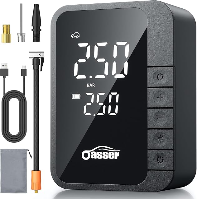 Oasser Gonfleur de pneus Portable Air Compresseur 6X Plus vite 150PSI Sans fil Air Pompe pour pneus de voiture Pompe à pneus électriques pour moto de voiture boule, LCD Mesure de pression, LED Lumière, USB Port, Sac de rangement Numérique double valeurs,6000mAh,150PSI,Type C US