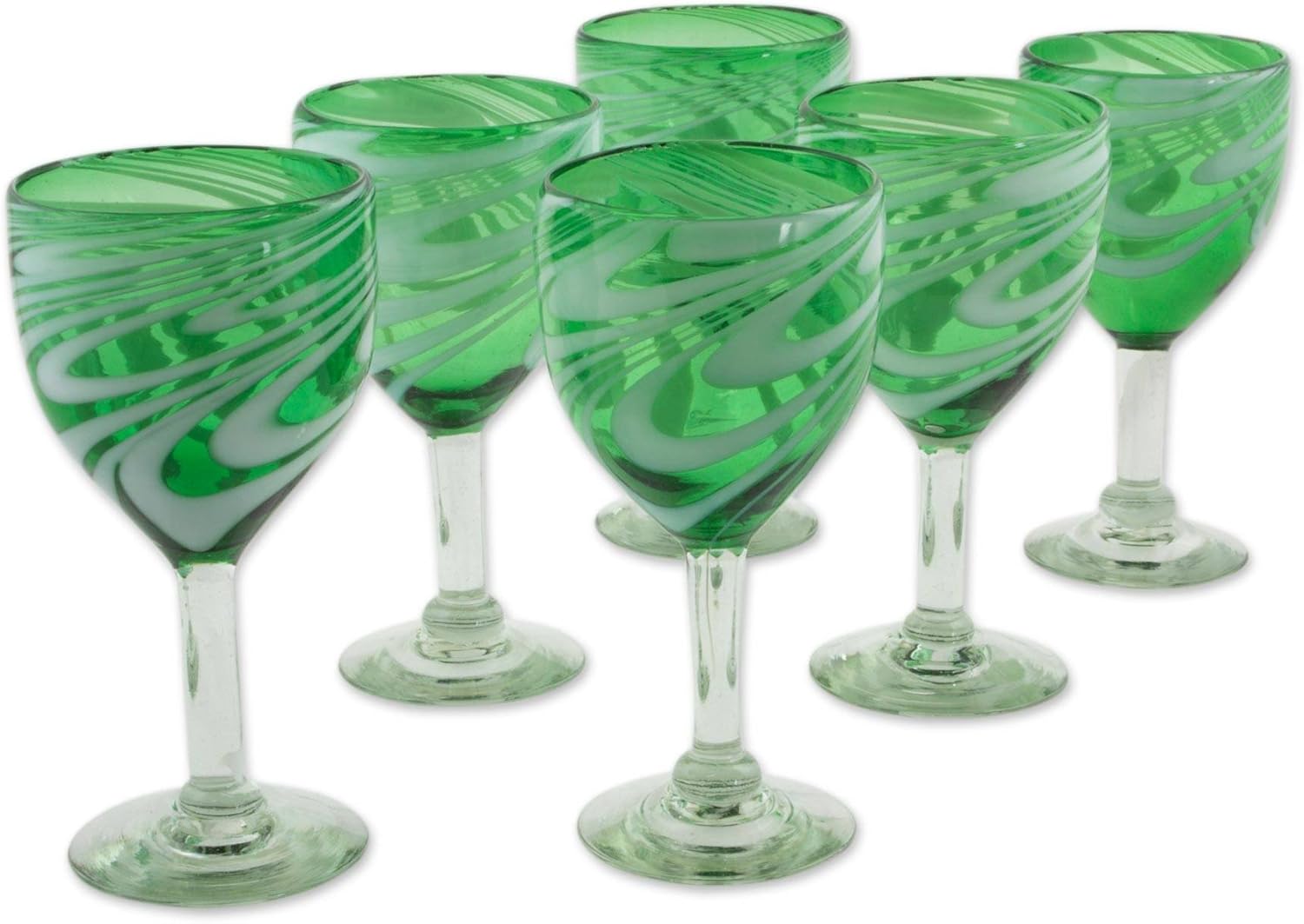 NOVICA Hand Blown Green Glass Wine Glasses, 10 Oz. 'Whirling Emerald' (Set of 6)