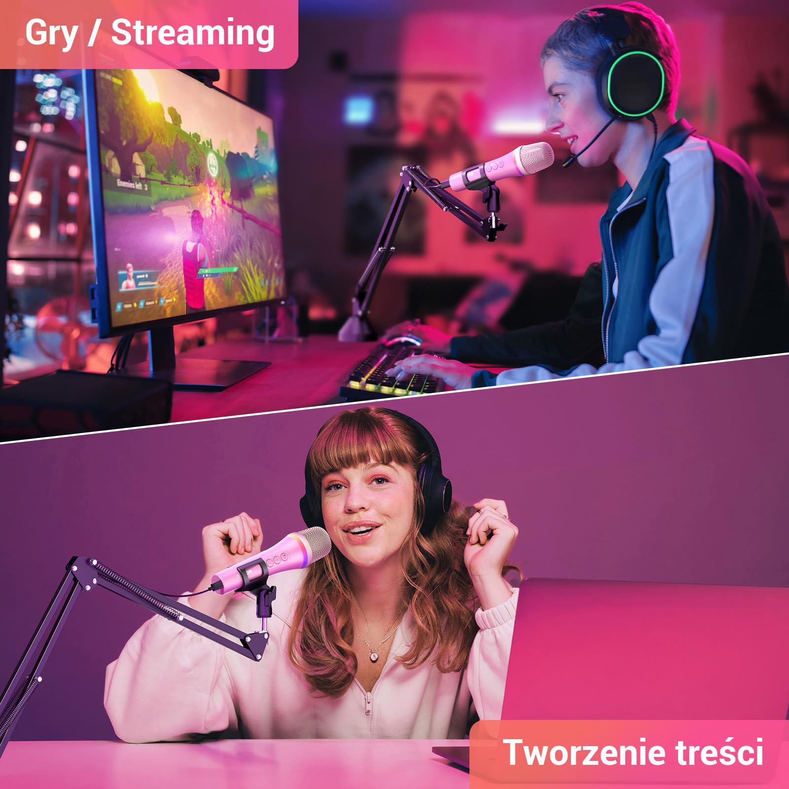 TONOR Mikrofon dynamiczny USB/typ C do komputera PC, RGB mikrofon do gier komputerowych do podcastów nagrywania, na żywo, przesyłania strumieniowego, YouTube, śpiewu, studia, karaoke Mikrofon różowy