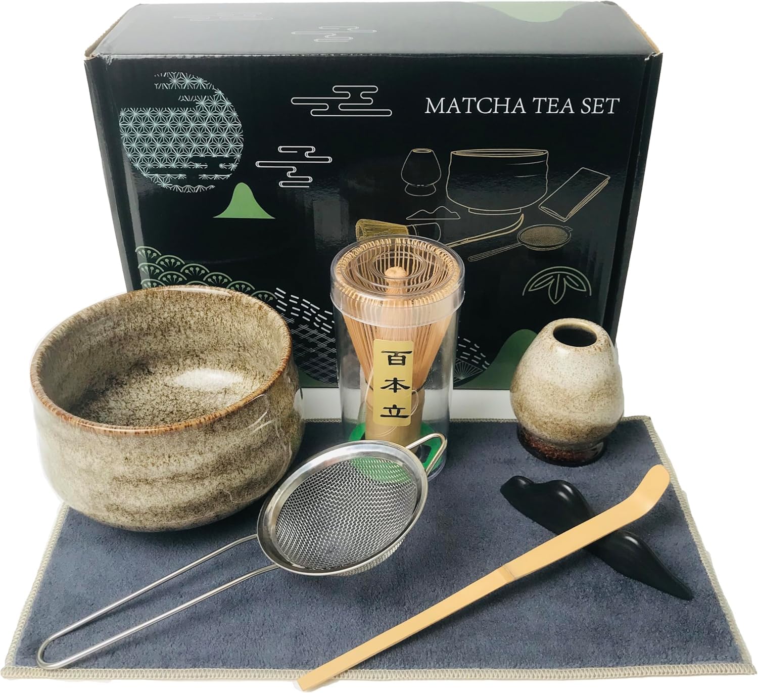 Moonmen 7 Pcs Japanese Matcha Tea Set, Matcha Whisk Set-Matcha Whisk And Bowl, Whisk Holder, Matcha Scoop,The Perfect Matcha Starter Making Kit For Matcha Tea Ceremony (Kiln Glaze-White)
