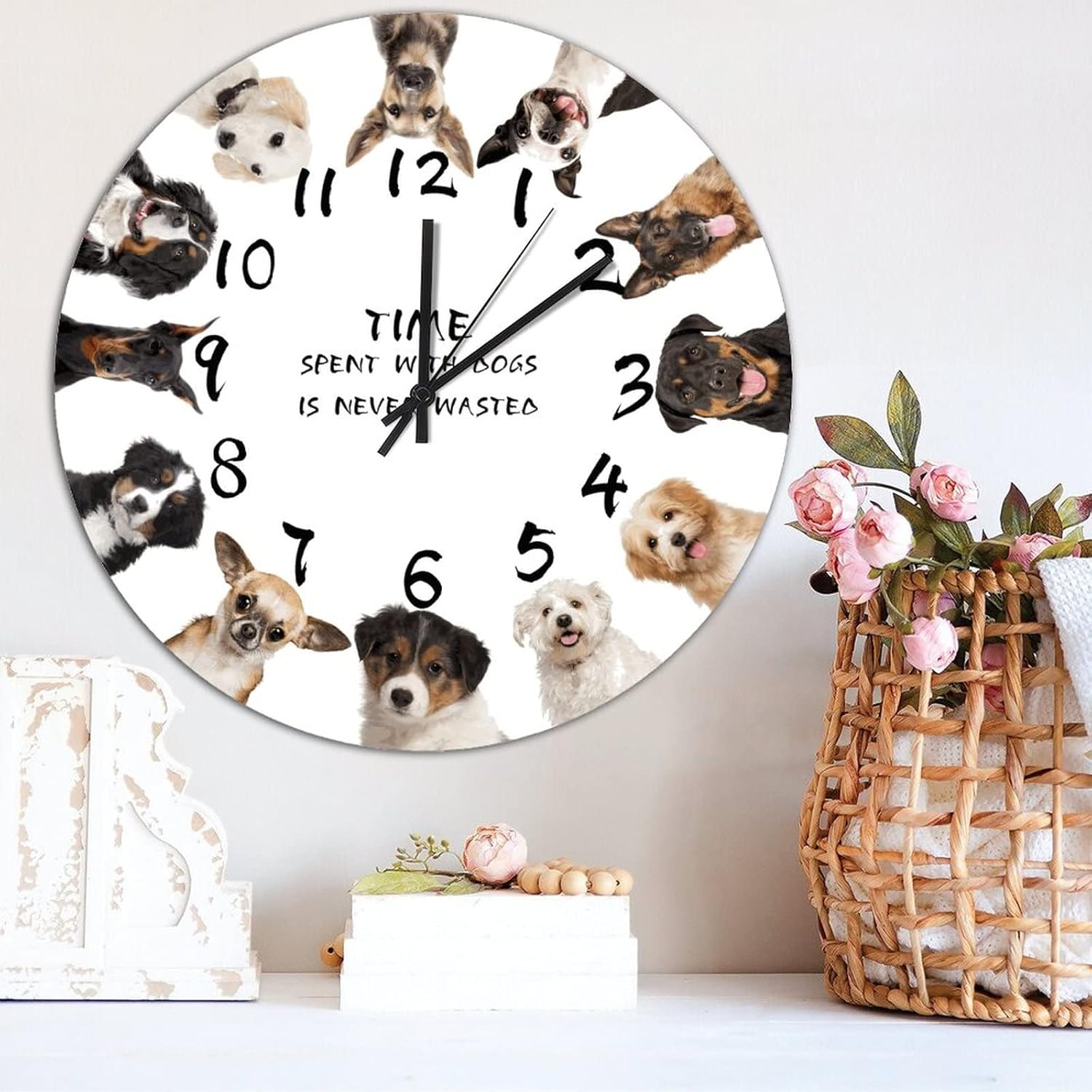 Vintage Round Wood Clock Time Spent with Dogs is Never Wasted Farmhouse Wooden Wall Clock 15 Inch Silent Non-Ticking Battery Operated Clock for Living Room Office Wall Art for Home Decor