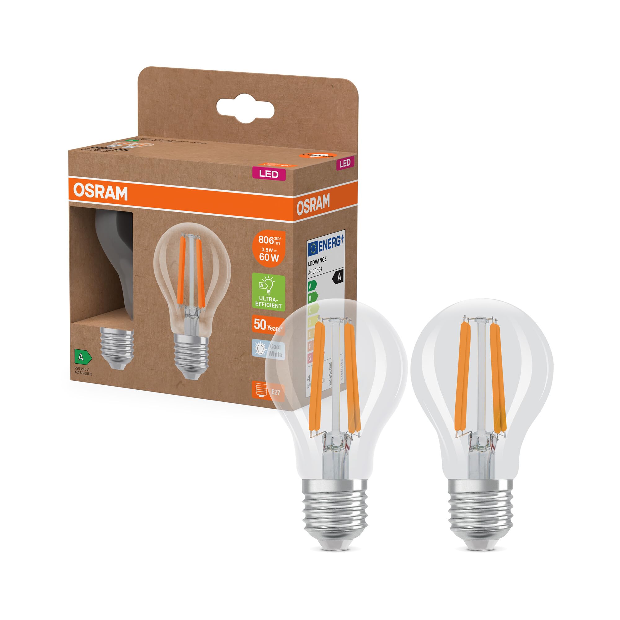 Osram Energy Class LED-Lampe in klassischer Kolbenform, 3.8 W / 806 lm, EEK A, kaltweißes Licht (4000 K), CRI 80, aus klarfarbenem bleifreiem Glas, E27 Sockel, IP20, 60 mm Durchmesser.