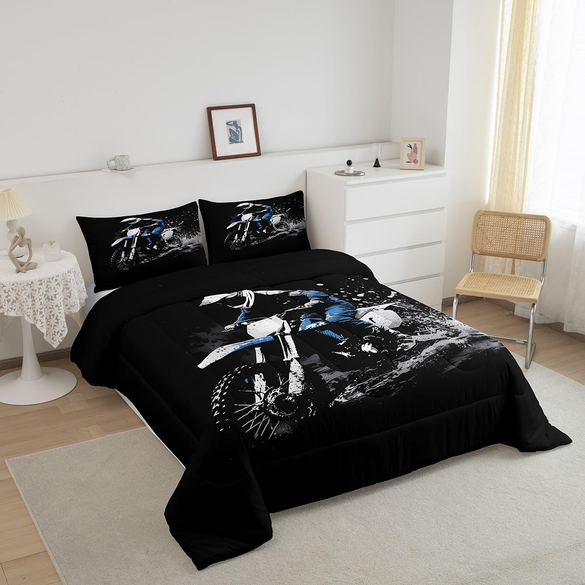 Feelyou Dirt Bike Comforter Set Queen Size Racing Themed Dirt Bike Bedding Set Ultra Soft Racing Motocross Bedding for Kids Boys Girls Motocross Comforter Room Decor Motorbike Quilt Set
