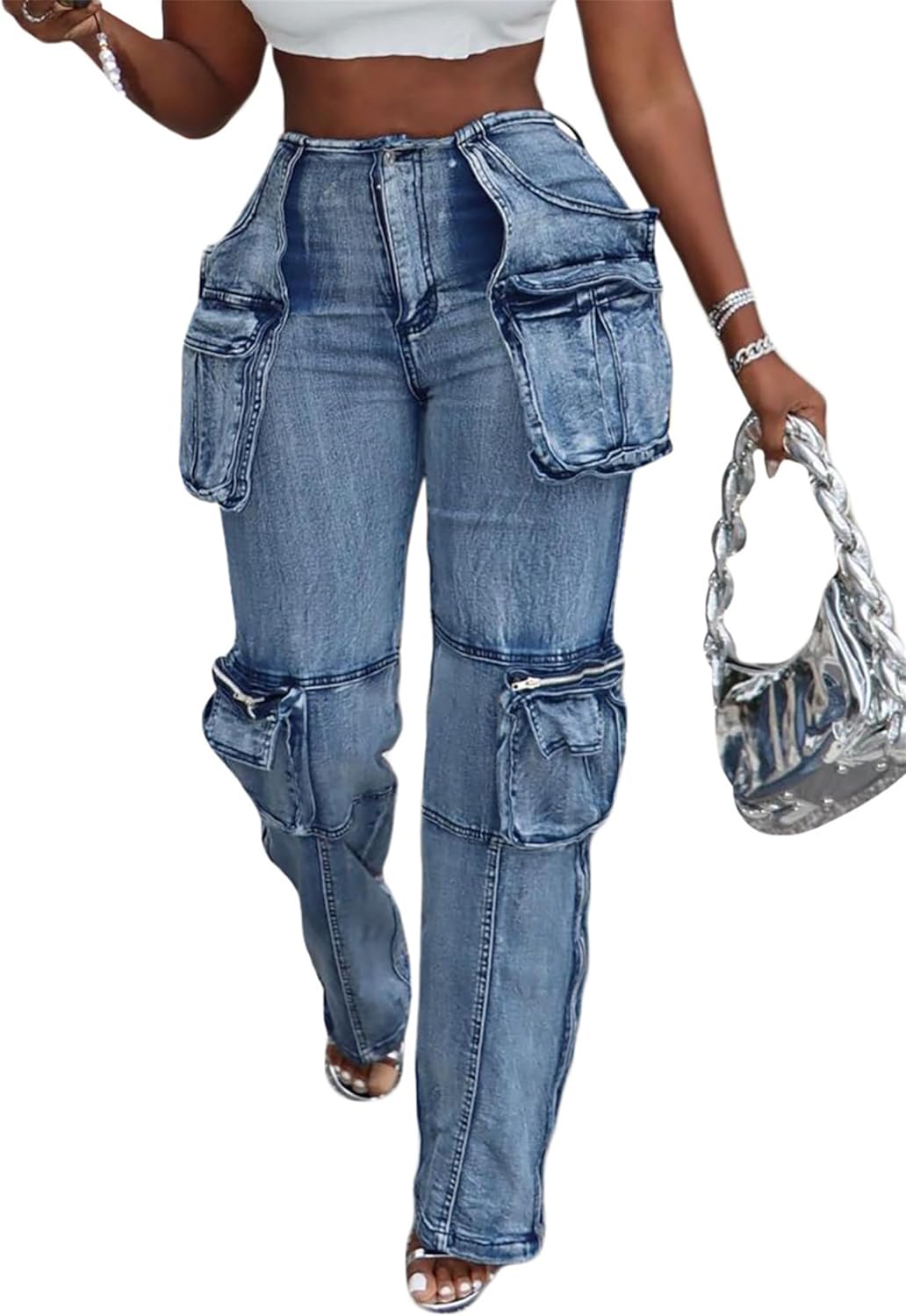 Women's High Waist Baggy Cargo Jeans Zipper Side Slit Straight Wide Leg Stretchy Denim Pants Y2K Streetwear with Pockets