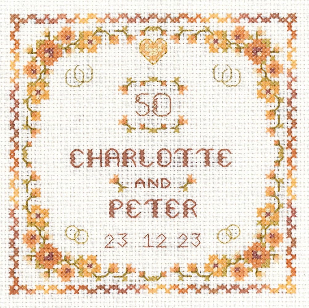 Lifetime Samplers & Decorative Textiles Heart Golden Anniversary Sampler with Gold Heart Charm for a 50th Wedding Anniversary - Complete Cross Stitch kit on 14 aida