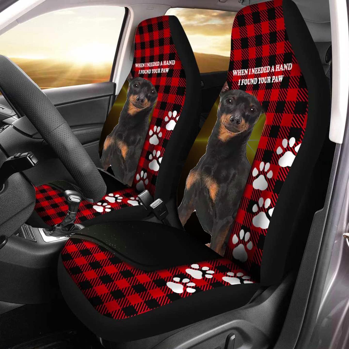 Miniature Pinscher Dog Front Car Seat Covers, Min Pin with Dog Paws & Red Plaid Pattern Automotive Seat Covers, Gift Dog Lovers, Protector Auto Interior Accessories Set of 2 Vehicle Car SUV Truck