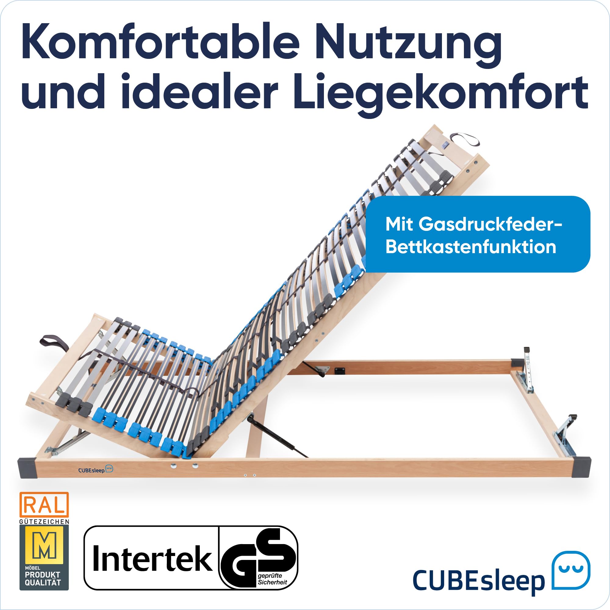 CubeSleep 7 Zonen Lattenrost Pure ECO KF 42 Leisten mit Bettkasten-Funktion | Kopf- und Fußteil verstellbar | Made in Germany (90 x 200 cm)