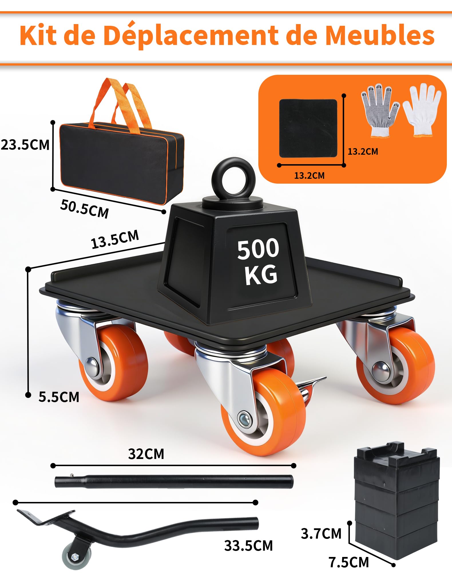 Kit Pro Déplace Meubles Lourds 500 kg, Structure 5 Roues Renforcées avec Lève-Meuble, roulettes Pivotantes 360° avec Frein, Chariot de Transport pour Déménagement, Réfrigérateur, Machine à Laver
