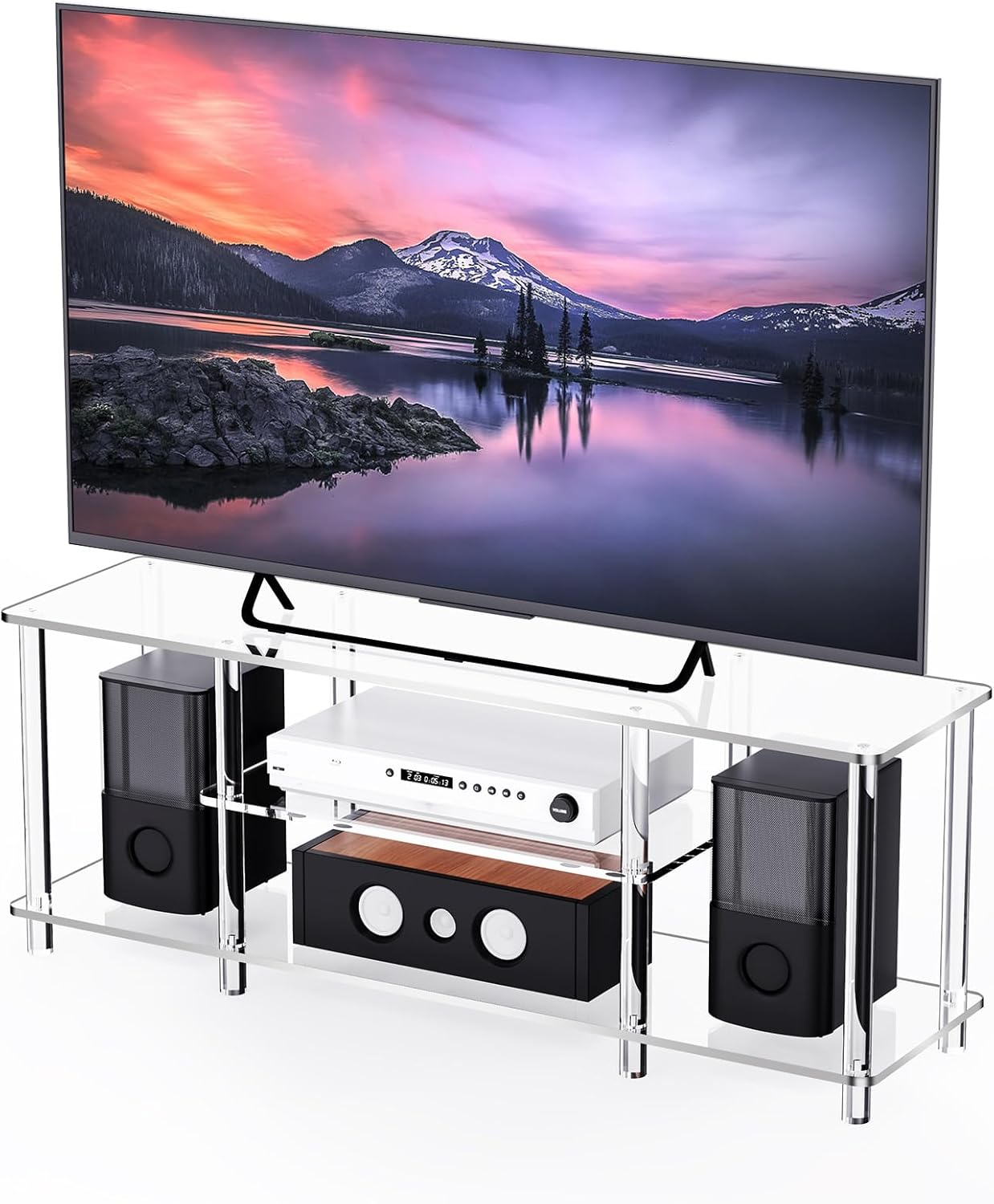 Acrylic TV Stand 3-Tier Entertainment Center Clear TV Console Table with Open Storage Shelves Cabinet (43.8x11.8x16.5, Clear)
