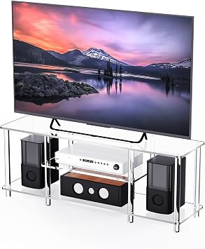 Acrylic TV Stand 3-Tier Entertainment Center Clear TV Console Table with Open Storage Shelves Cabinet 43.8x11.8x16.5, Clear