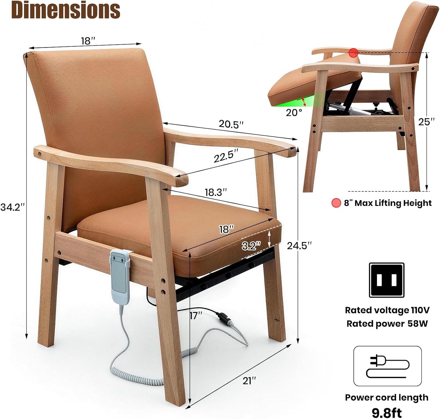 Power Lift Chair for Elderly - Solid Wood & Leather Electric Sit to Stand Chair, Motorized Upright Armchair with Reinforced Steel Frame, Easy-Clean Lifting Chair for Seniors, Supports 280 lbs, Camel