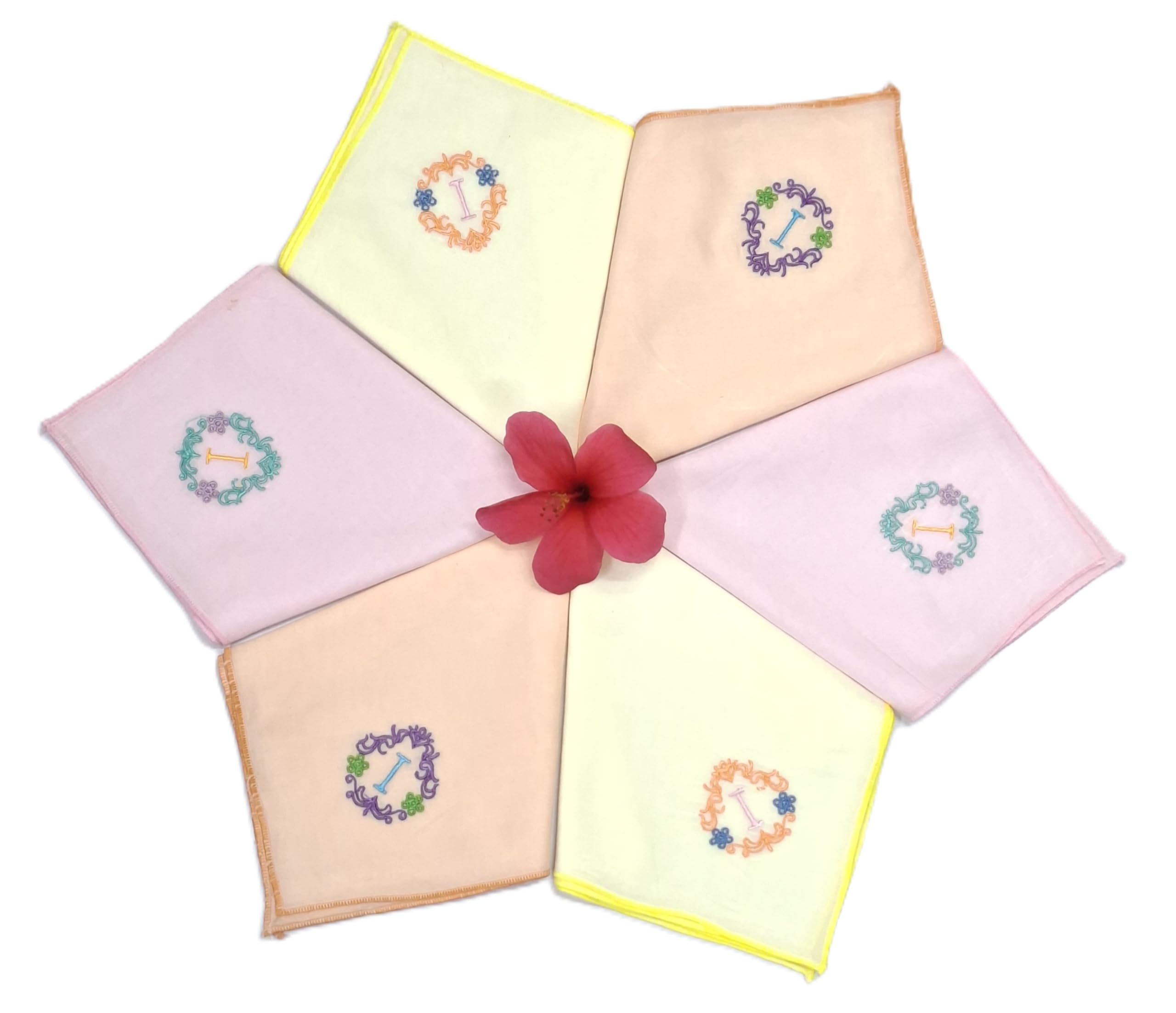 concerto 100% Cotton (Compact Yarn) Multicolor Embroidery Pastel Color Handkerchief For Women (Size: - 33 cms * 33 cms) (Pack of 6)- Rohira - I - Gift Pack.-picture-0
