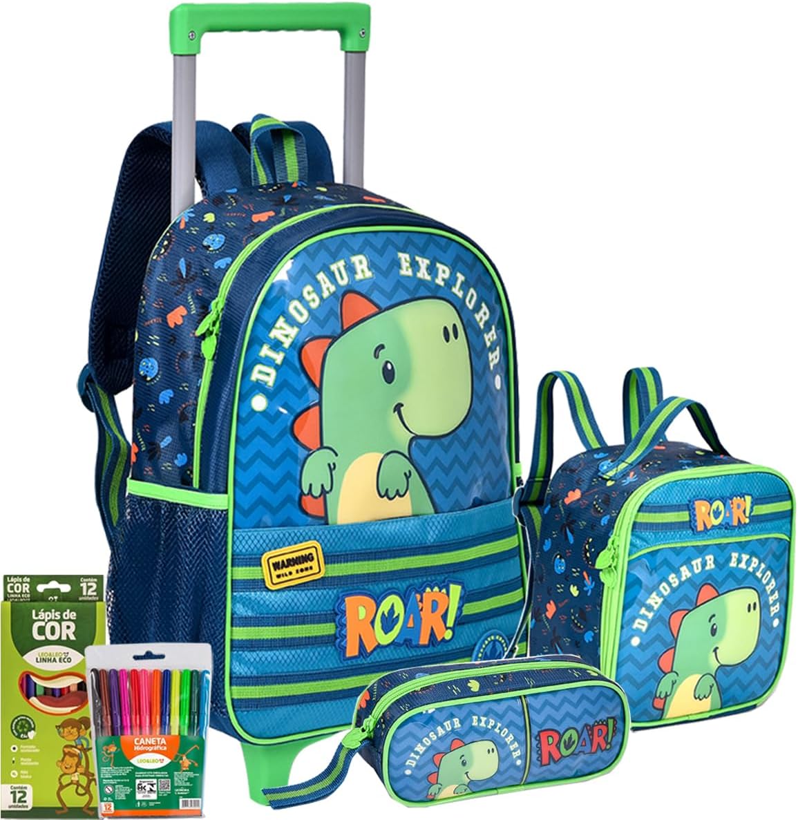 Kit Escolar Infantil Mochila de Rodinhas Dino Roar Lancheira Térmica Estojo Grande Zíper Estampa Dinossauro Meninos Volta às Aulas