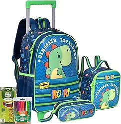 Kit Escolar Infantil Mochila de Rodinhas Dino Roar Lancheira Térmica Estojo Grande Zíper Estampa Dinossauro Meninos Volta às Aulas