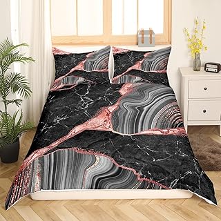 Black Grey Marble Duvet Cover Queen, Pink Red Marbling Crack Print Bedding Set For Girls, Abstract Metallic Texture Comforter Cover, Gray Luxury Shinny Room Decor Boho Hippie Fluid Quilt Cover
