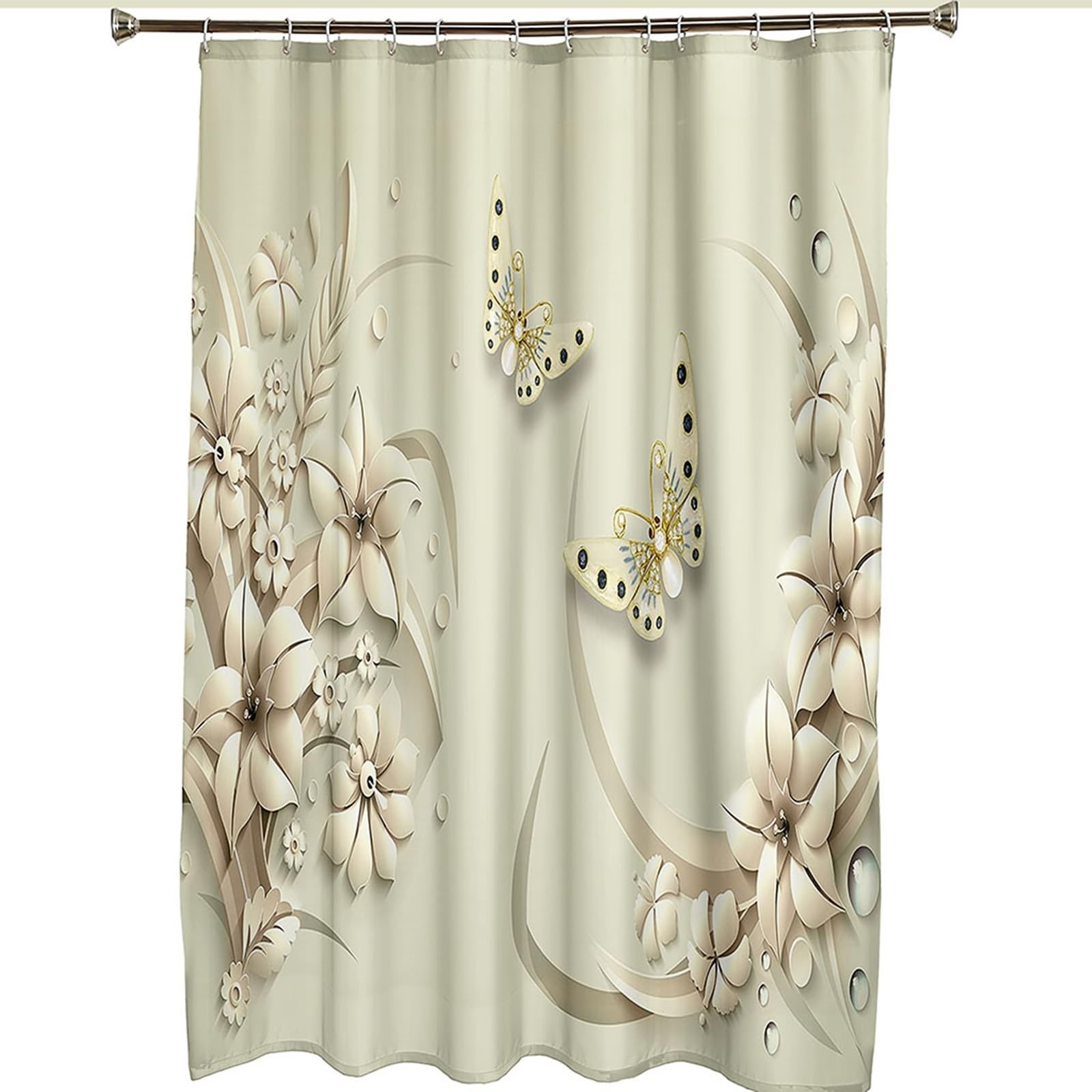 Duschvorhang 180X200, Textil Duschvorhang Beige 3D Blumen und Schmetterlinge Duschvorhang für Männer
