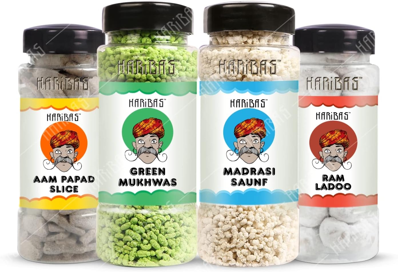 HARIBAS Green Mukhwas 180gm, Madrasi Mukhwas 180gm, Ram Ladoo 180gm and Mango slice 180gm (Pack of 4) | Premium and Sweet Mouth Freshener, Tasty After Meal Digestive