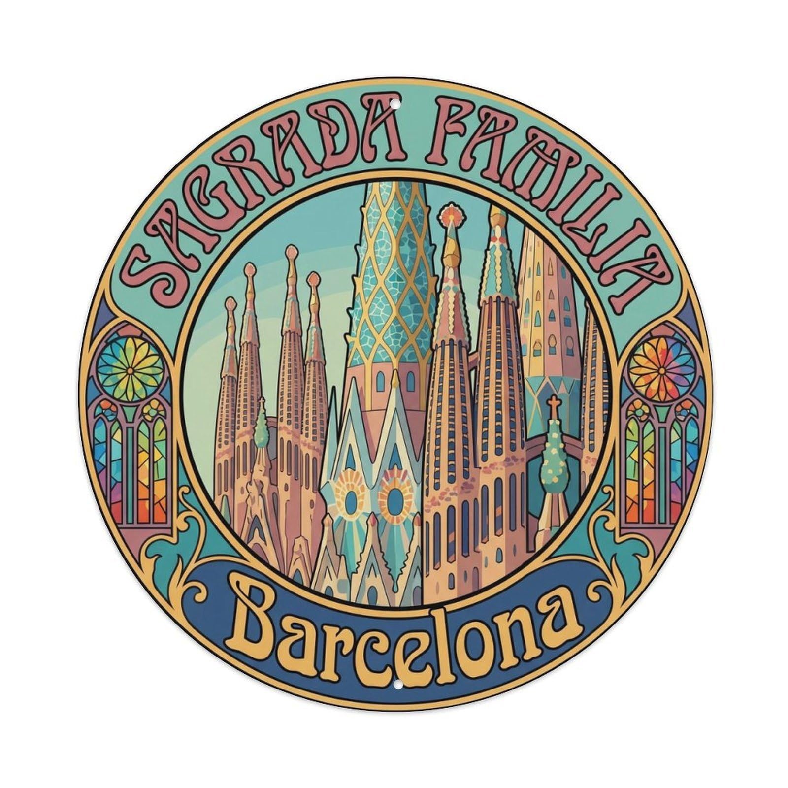 Vintage Travel Sagrada Familia Spain Metal Tin Sign Plaque Wall Decor for Cafe, Club, Garden Round Metal Poster 8x8Inch