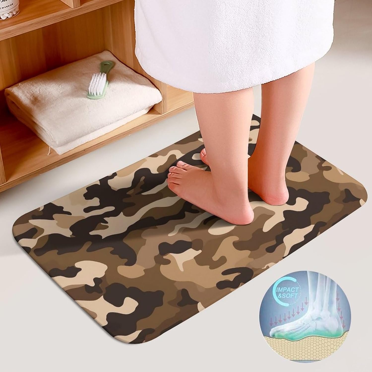 Anti-Skid Floor Mats 3 Piece Set,Brown Camouflage Printed Coral Fleece Bathroom Mats U-Shaped Contour Mat Toilet Seat Cover for Bathroom, Tub, Shower, Kitchen 19.7"x31.5"