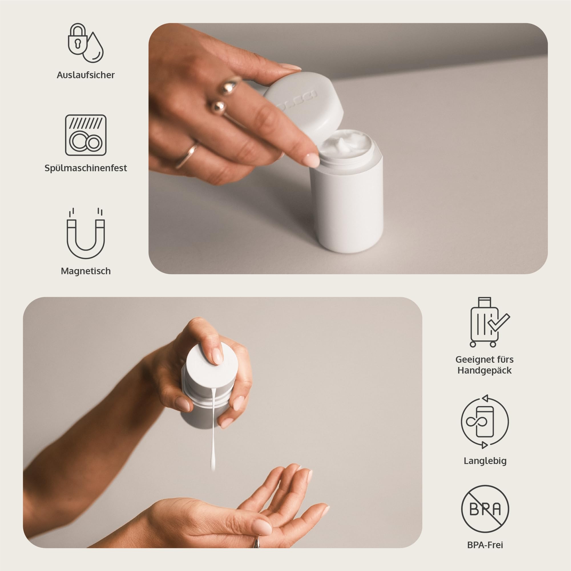 Travelpods 7 Auslaufsichere Kosmetik Reise Behälter Magnet Behälter Spülmaschinenfest Hartschalen Reisespender BPA-Frei Reiseflaschen 55ml 30ml 10ml Sandstone