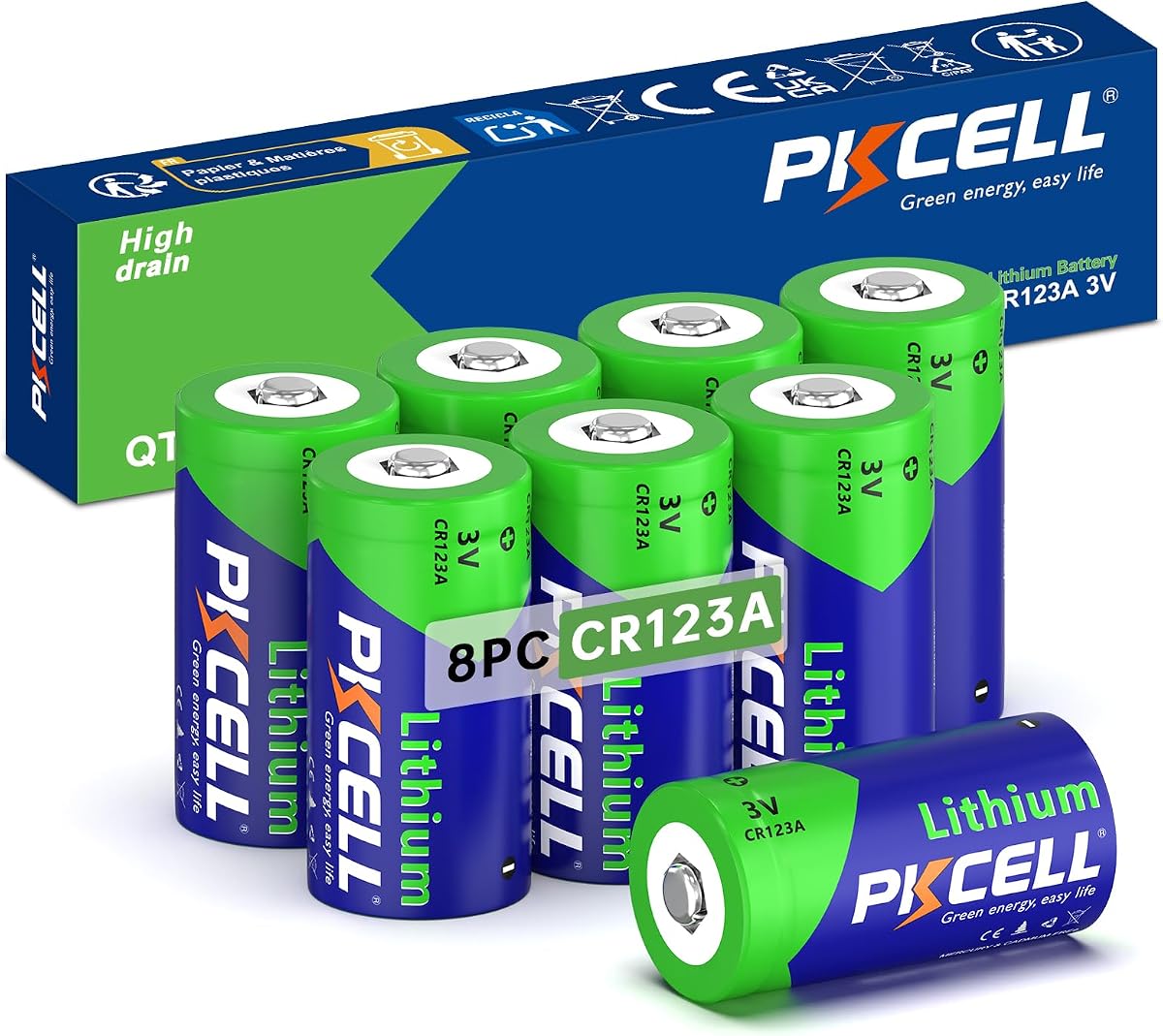 PKCELL CR123A 3V Lithium Battery 8-Pack,10 Years Shelf Life, 123 Batteries Lithium for Alarm Motion Sensor, Flashlights and More